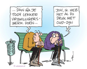 Cartoon met 2 mannen die zich te oud voelen voor vrijwilligerswerk
